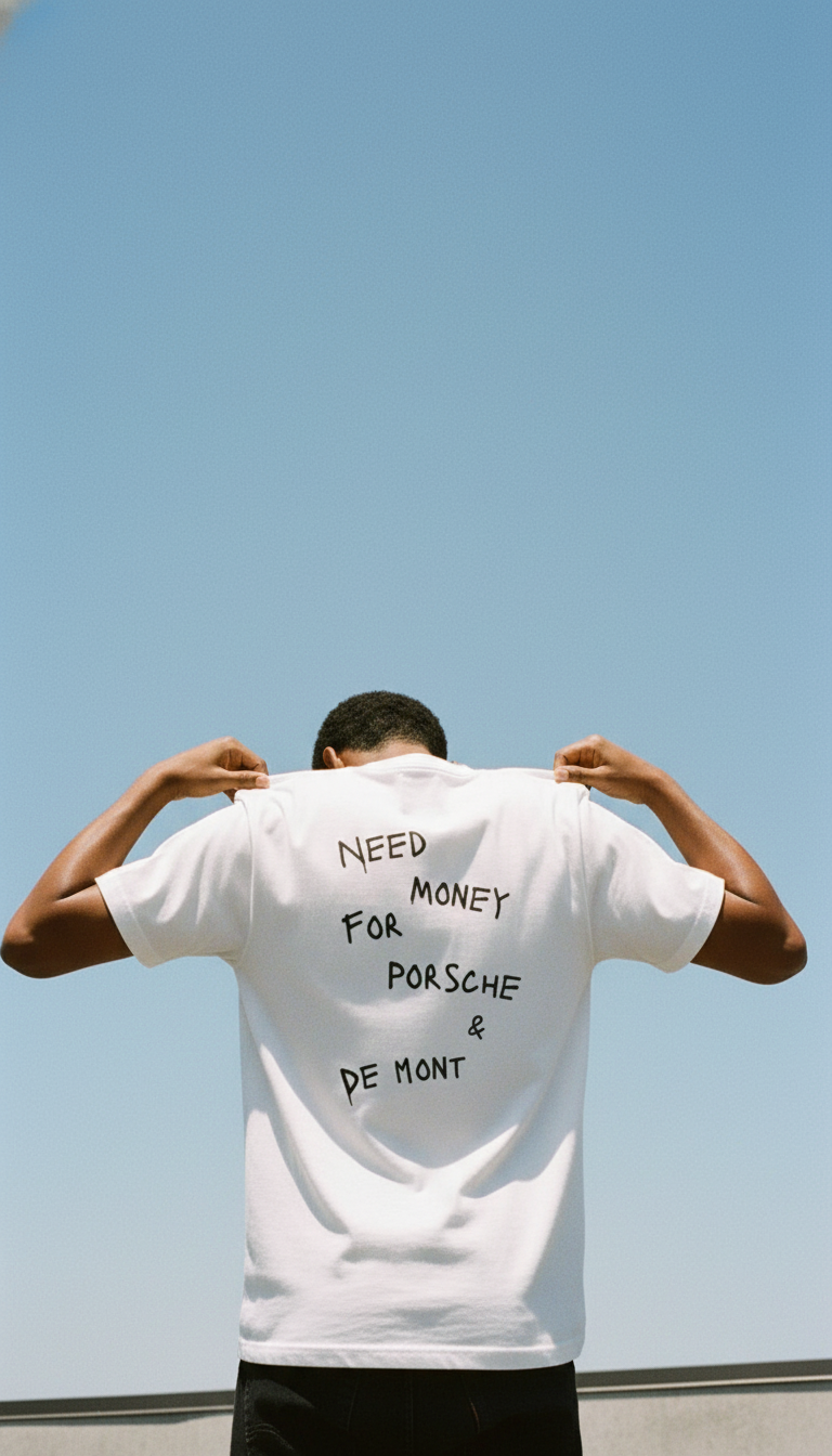NEED MONEY FOR PORSCHE TSHIRT WORN BY A MODEL, TEXT WRITTEN ON THE BACK.