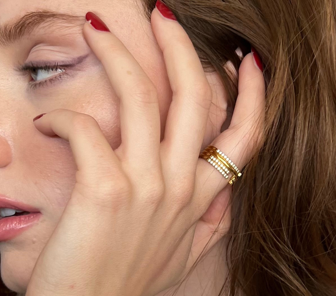 Upper E ring inspired by the world of Gossip Girl. Crafted in Montreal in solid yellow gold 10k, 14k, 18k) and 24k vermeil. Worn by Angelique Hebert Kelly.