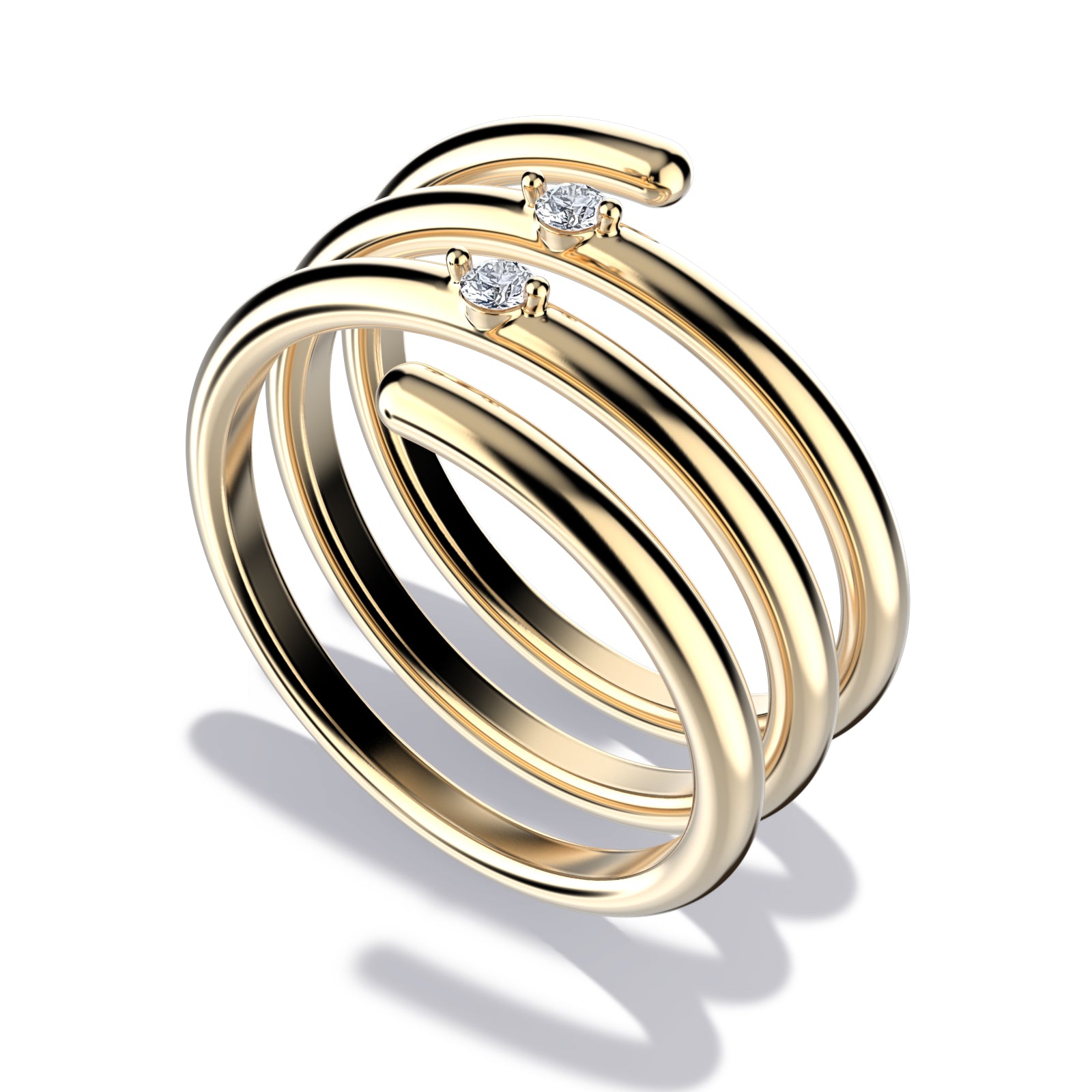 Whirly ring, solid yellow gold (10k, 14k, 18k) or 24k platine vermeil, with two stones of 2 mm (zirconian or diamond), inspired by a love song of Jeanne Moreau, by DE MONT Fine Jewelry.