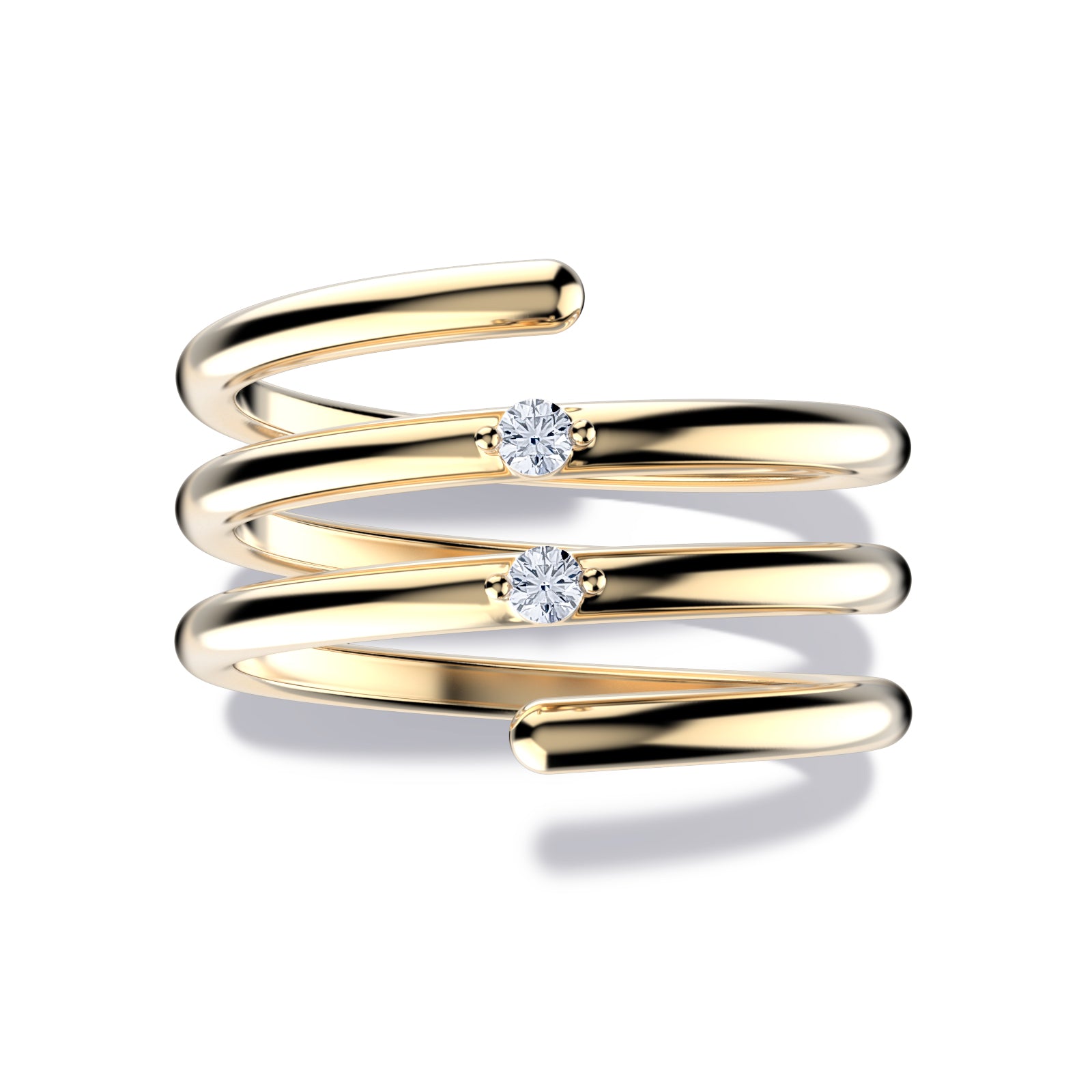 Whirly ring, solid yellow gold (10k, 14k, 18k) or 24k platine vermeil, with two stones of 2 mm (zirconian or diamond), inspired by a love song of Jeanne Moreau, by DE MONT Fine Jewelry.