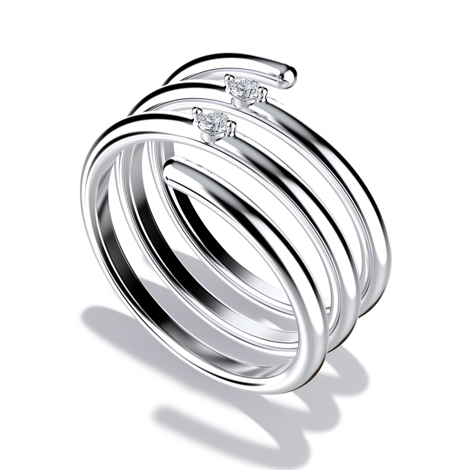 Whirly ring, solid white gold (10k, 14k, 18k) or 24k platine vermeil, with two stones of 2 mm (zirconian or diamond), inspired by a love song of Jeanne Moreau, by DE MONT Fine Jewelry.