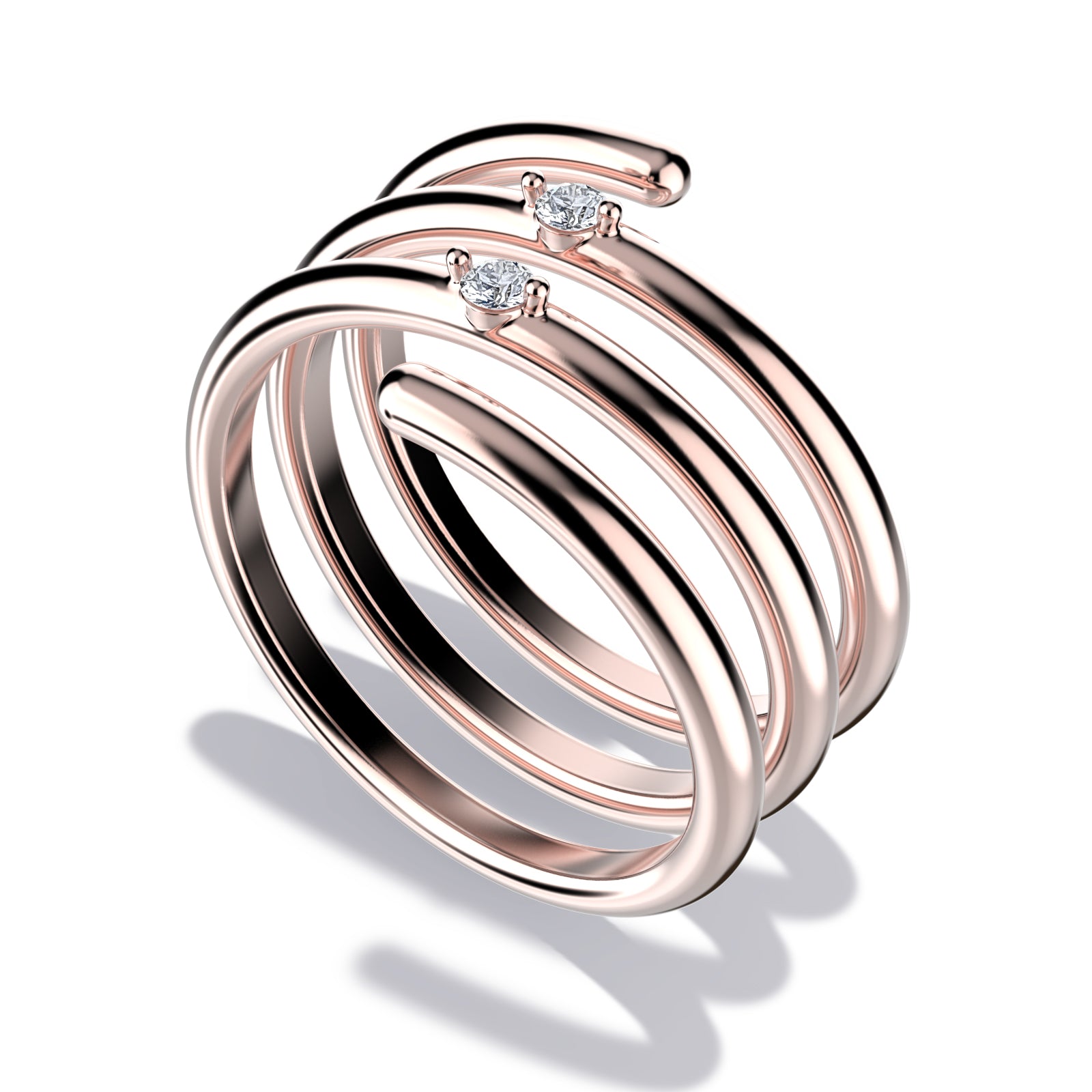 Whirly ring, solid rose gold (10k, 14k, 18k) or 24k platine vermeil, with two stones of 2 mm (zirconian or diamond), inspired by a love song of Jeanne Moreau, by DE MONT Fine Jewelry.