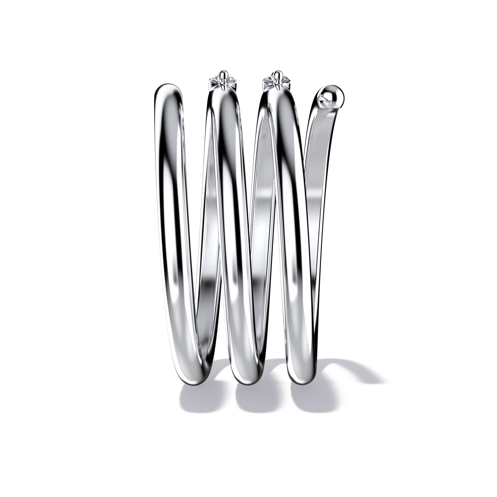 Whirly ring, solid white gold (10k, 14k, 18k) or 24k platine vermeil, with two stones of 2 mm (zirconian or diamond), inspired by a love song of Jeanne Moreau, by DE MONT Fine Jewelry.