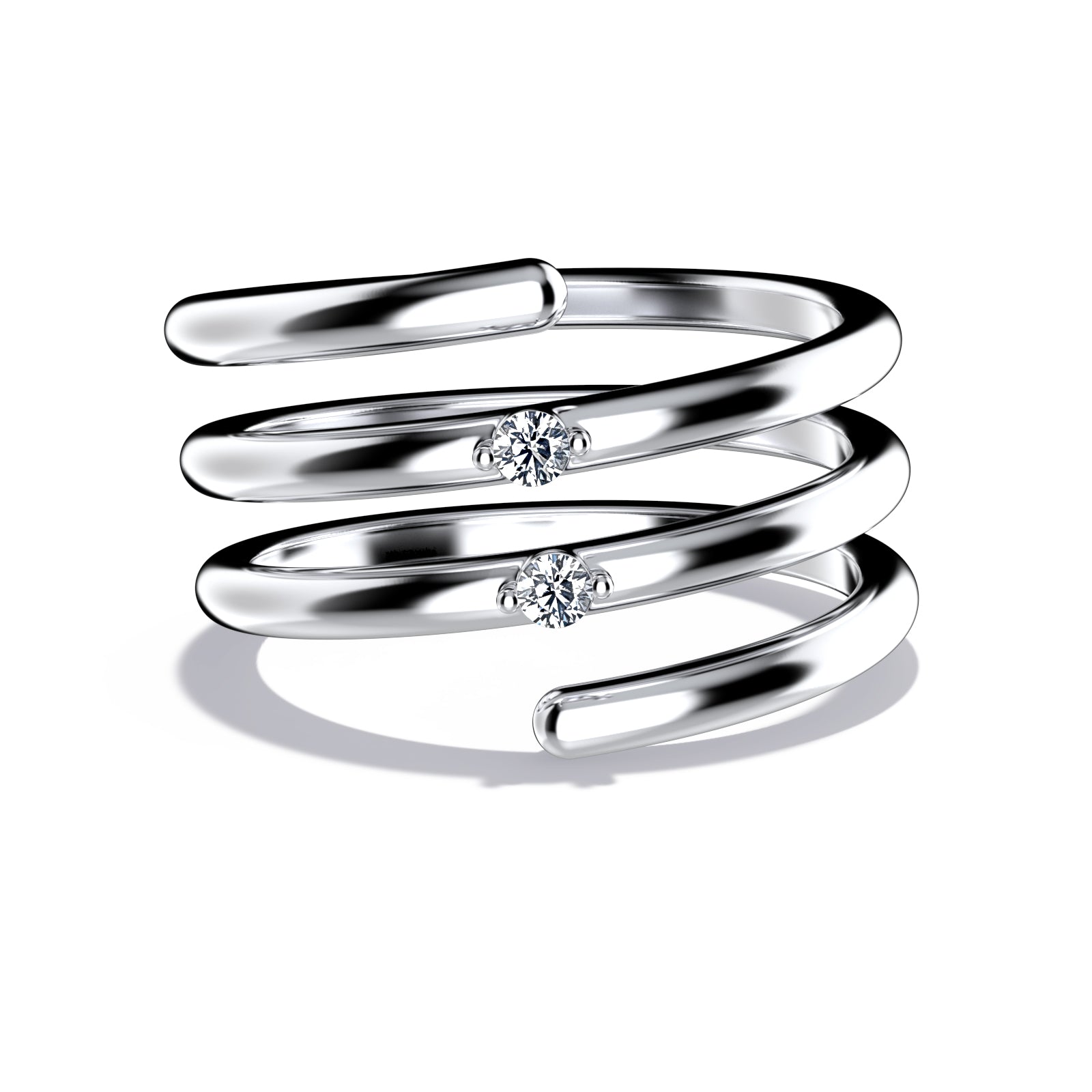 Whirly ring, solid white gold (10k, 14k, 18k) or 24k platine vermeil, with two stones of 2 mm (zirconian or diamond), inspired by a love song of Jeanne Moreau, by DE MONT Fine Jewelry.