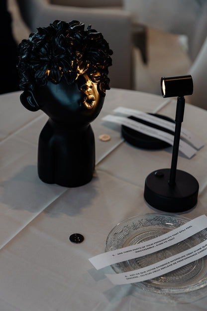 Exemple de table thématique du club intellectuel, sur la photo, la table LAVERTUE avec le bijou lavertue du GROUPE DEMONT INC et les sous-questions du thème servies sur des assiettes.