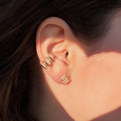 Rose Gold and diamond earcuffs and earrings from the Lavertue collection by DE MONT Fine Jewelry, worn in natural light.