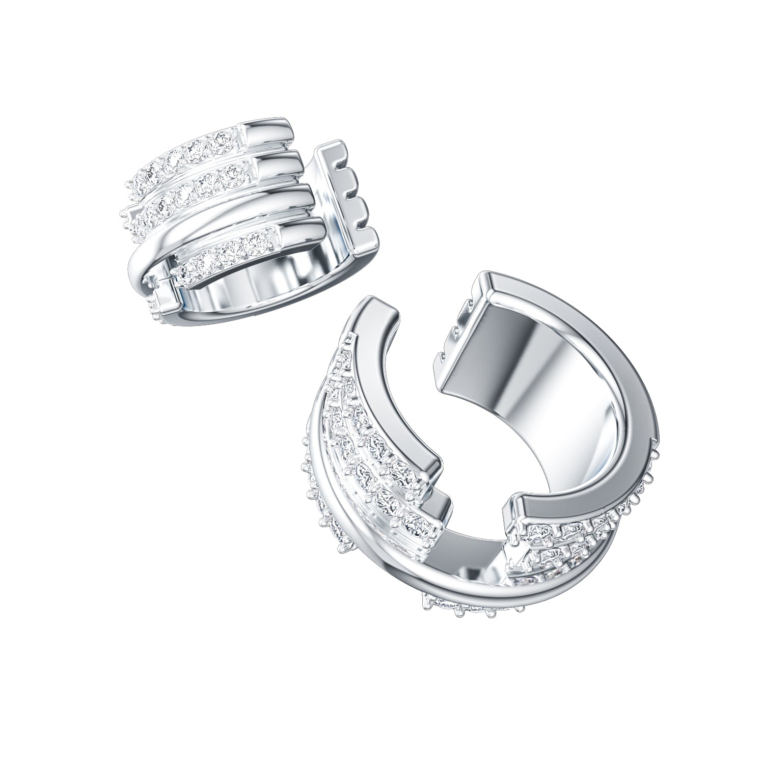 Upper E ring inspired by the world of Gossip Girl. Crafted in Montreal in solid white gold 10k, 14k, 18k) and 24k vermeil. Worn by a model.