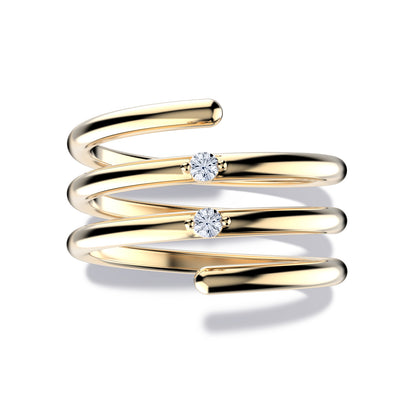 Whirly ring, solid yellow gold (10k, 14k, 18k) or 24k platine vermeil, with two stones of 2 mm (zirconian or diamond), inspired by a love song of Jeanne Moreau, by DE MONT Fine Jewelry.
