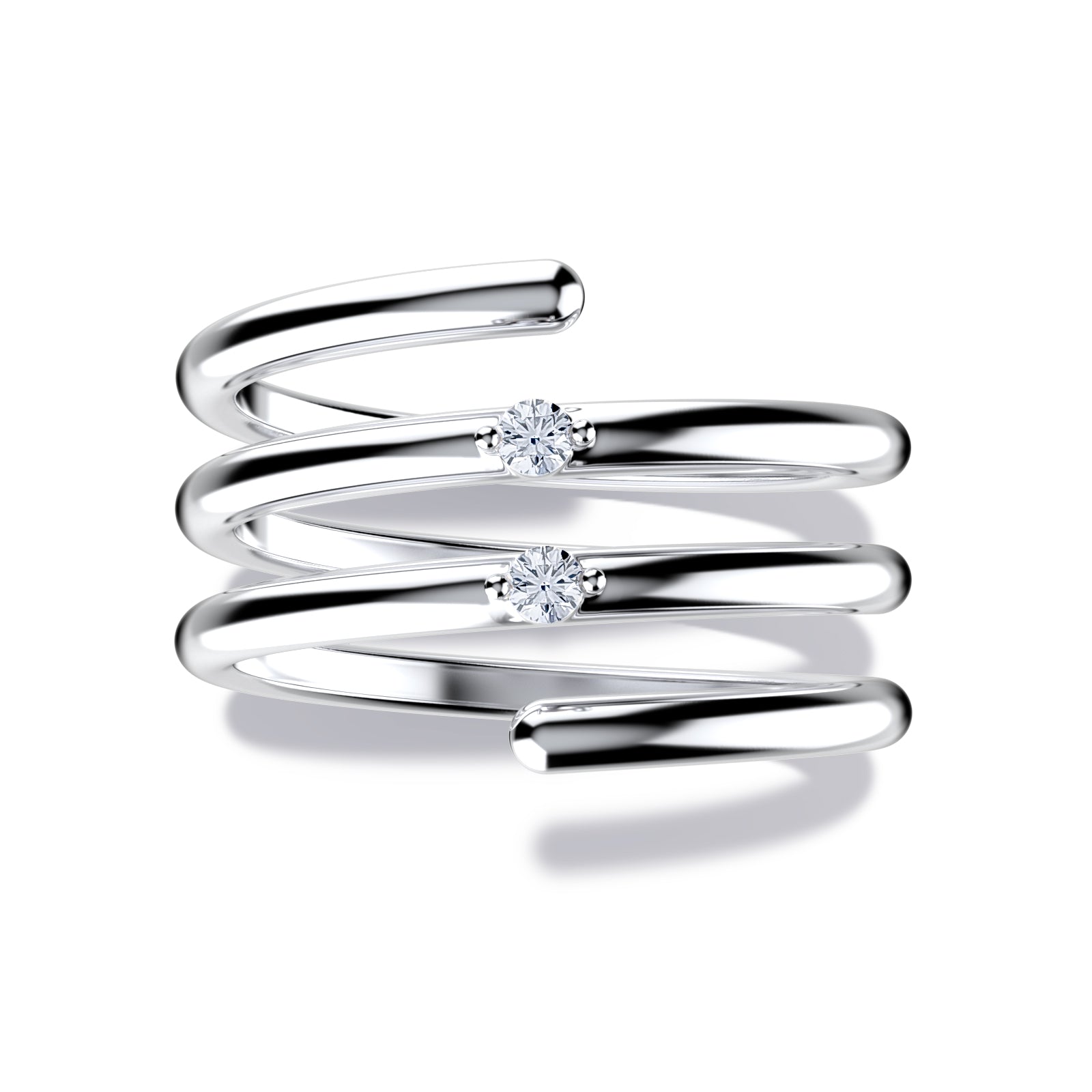 Whirly ring, solid white gold (10k, 14k, 18k) or 24k platine vermeil, with two stones of 2 mm (zirconian or diamond), inspired by a love song of Jeanne Moreau, by DE MONT Fine Jewelry.
