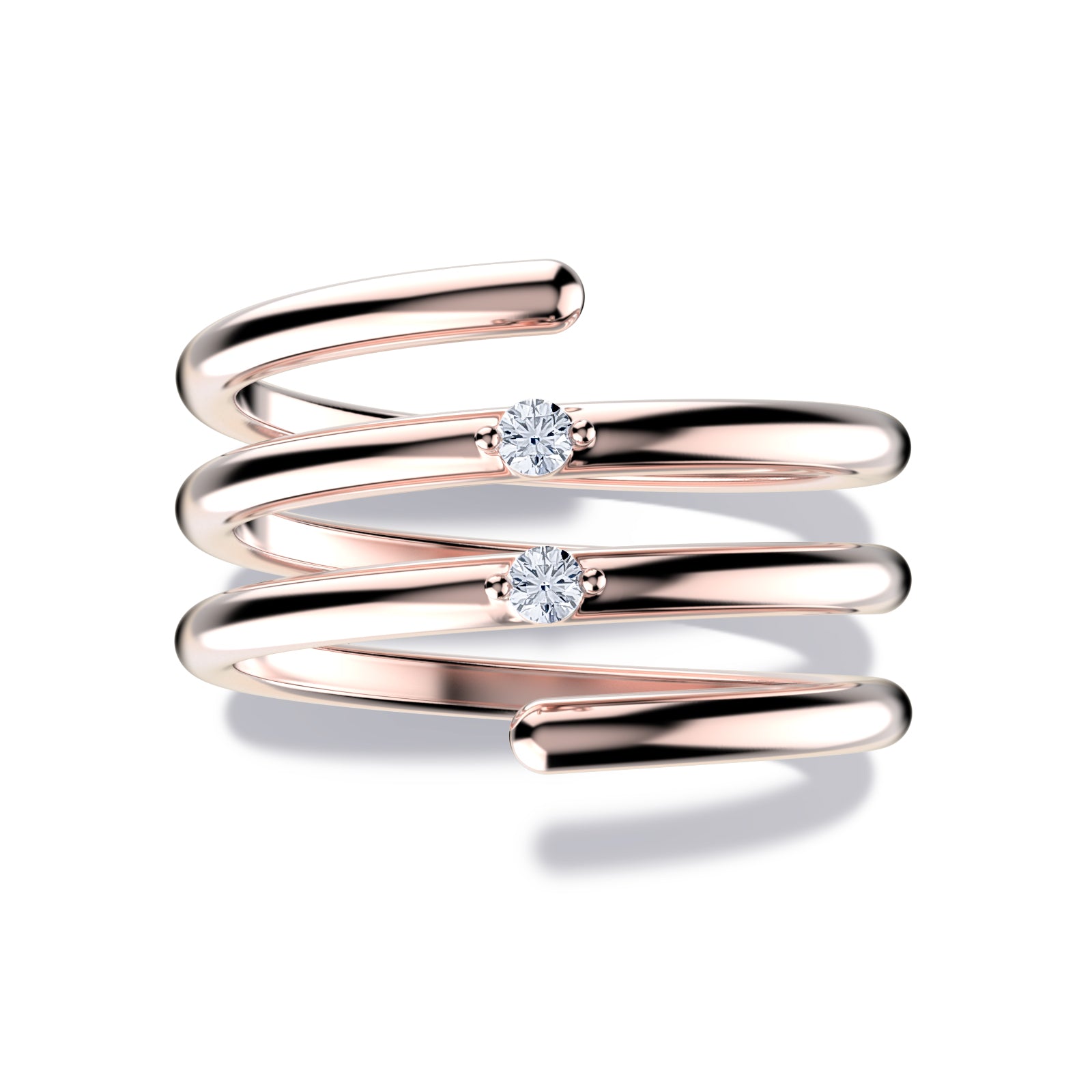 Whirly ring, solid rose gold (10k, 14k, 18k) or 24k platine vermeil, with two stones of 2 mm (zirconian or diamond), inspired by a love song of Jeanne Moreau, by DE MONT Fine Jewelry.