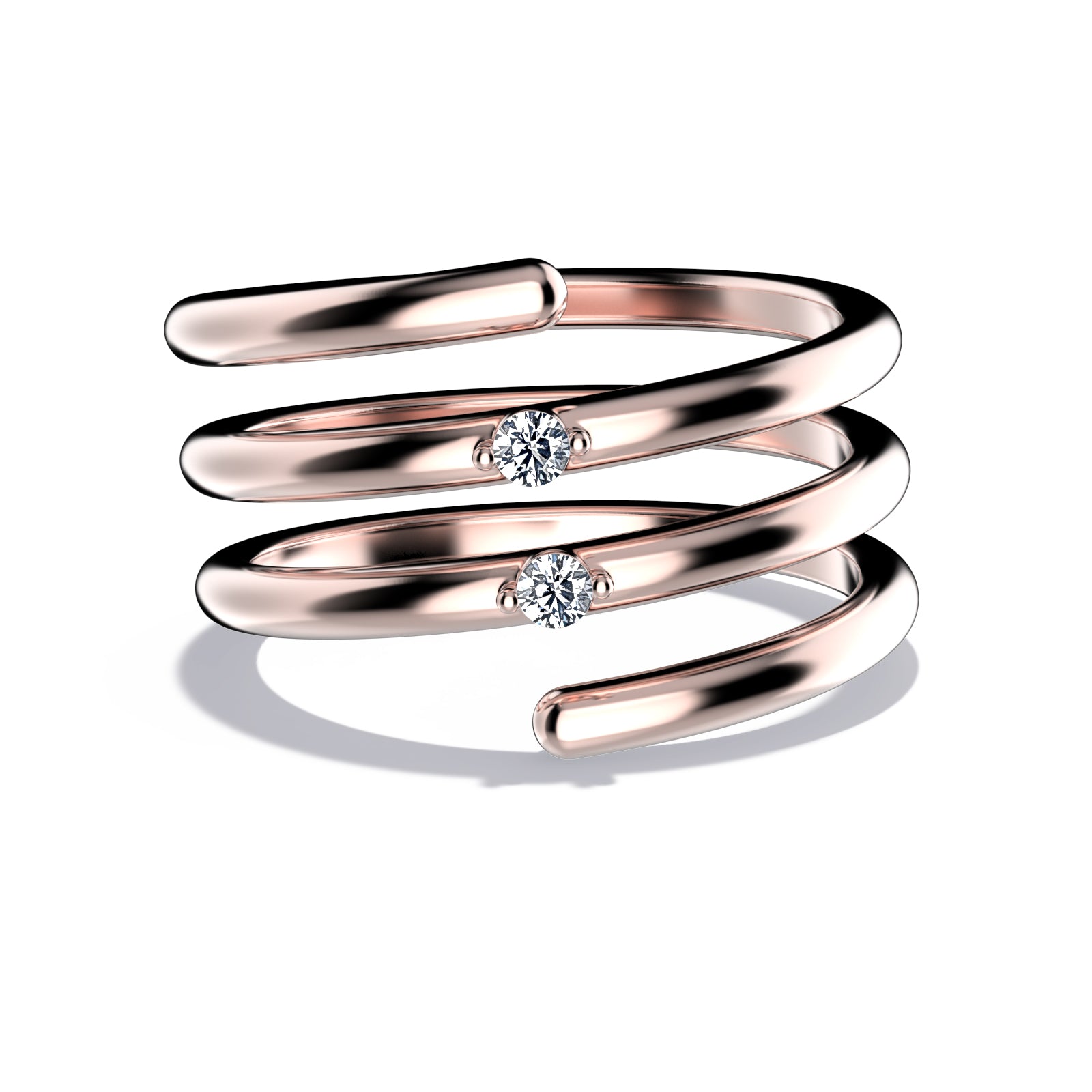 Whirly ring, solid rose gold (10k, 14k, 18k) or 24k vermeil, with two stones of 2 mm (zirconian or diamond), inspired by a love song of Jeanne Moreau, by DE MONT Fine Jewelry.