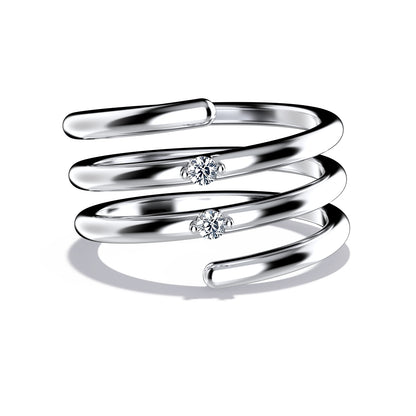 Whirly ring, solid white gold (10k, 14k, 18k) or 24k platine vermeil, with two stones of 2 mm (zirconian or diamond), inspired by a love song of Jeanne Moreau, by DE MONT Fine Jewelry.